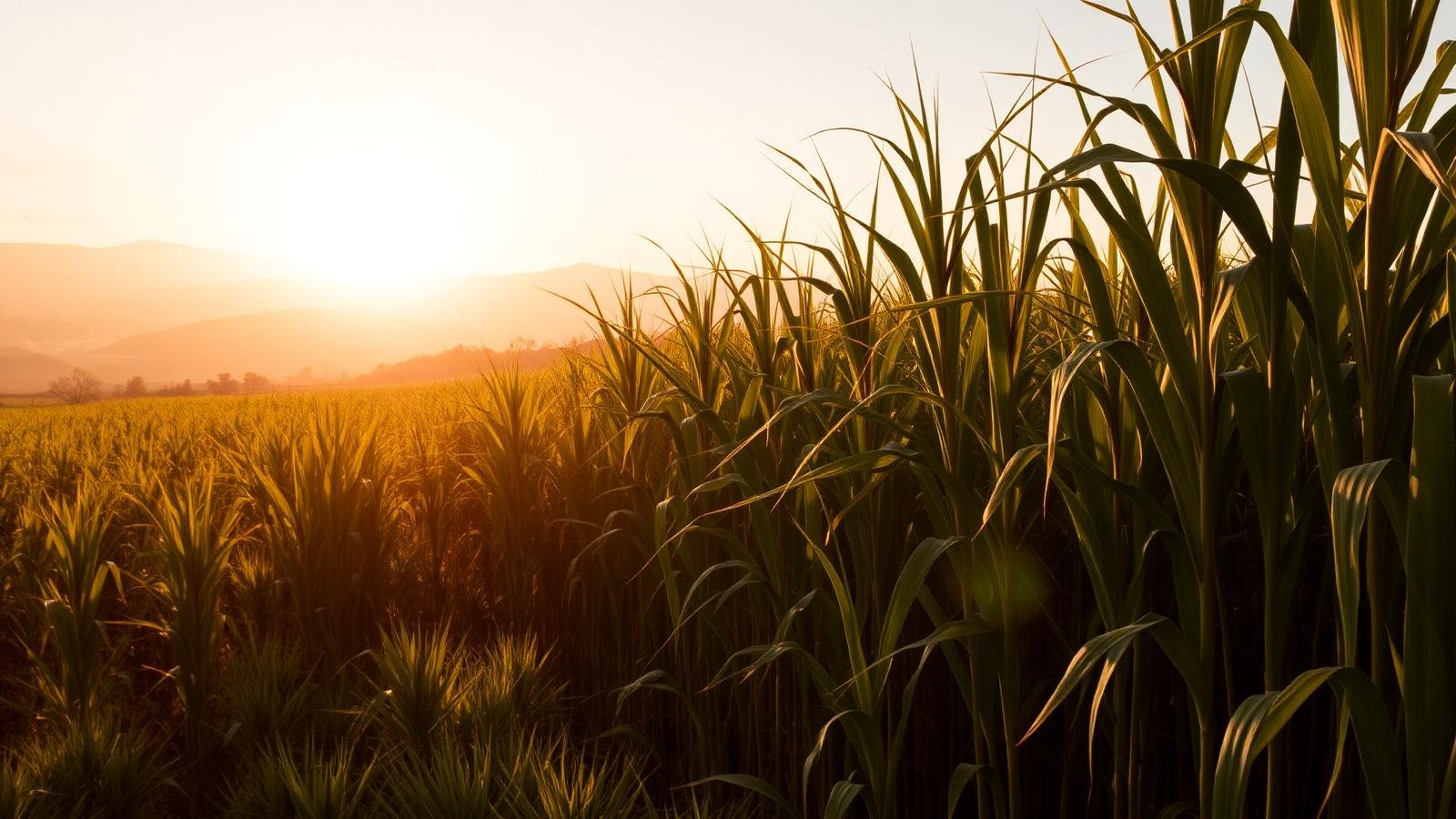 Canavial brasileiro ao pôr do sol com colinas ao fundo